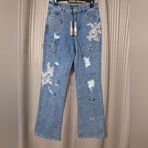 Cape Robbin Light Blue Embellished Straight Leg Jeans